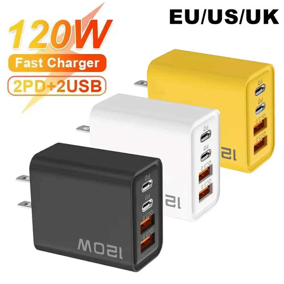 4 منفذ USB PD شاحن 120 واط نوع C شحن سريع الهاتف المحمول مهايئ شاحن آيفون سامسونج شاومي الاتحاد الأوروبي/الولايات المتحدة/المملكة المتحدة التوصيل الجدار شاحن