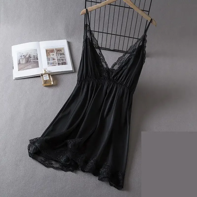 Summer Women Lace Sleepwear Nightgown Sexy Strap Nightdress Gown Lingerie Female Silky Satin Nightwear Home Dress Loungewear