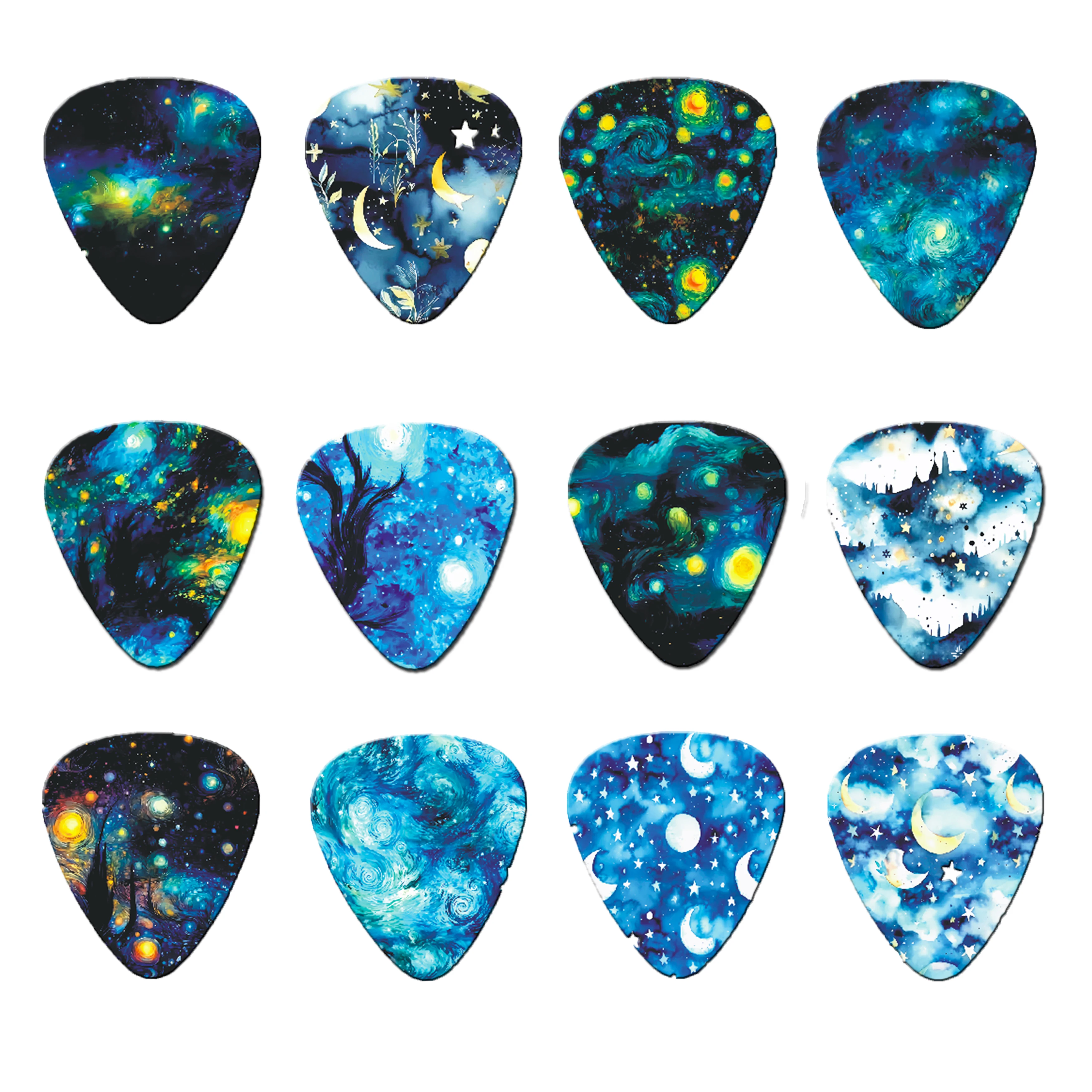 Neues Design, 12-teiliges Gitarrenplektrum-Set, einzigartiges Muster, doppelseitiger Druck, Gitarrenpaddel, Musikinstrumentenzubehör