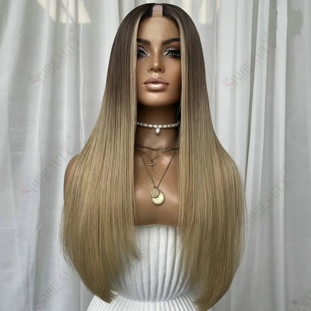 U جزء شعر مستعار شعر الإنسان الطبيعي مستقيم الجذر الداكن شقراء أومبير للنساء سهلة ارتداء 1*4 فولت جزء شعر مستعار كامل آلة صنع الشعر الهندي