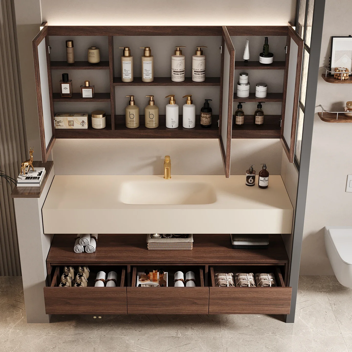 Medieval style rock slab hot bending integrated basin washbasin combination custom bathroom bathroom cabinet combination hand wa