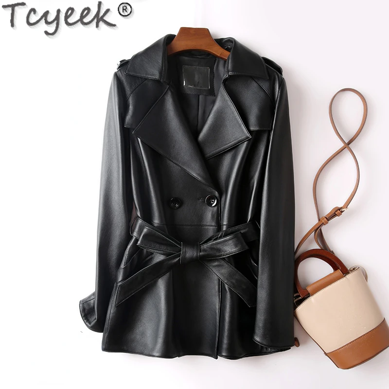 Tcyeek-Veste en cuir véritable pour femme avec ceinture, manteau mi-long, couche supérieure, manteau en peau de mouton, vêtements en coton, printemps, automne, 2023