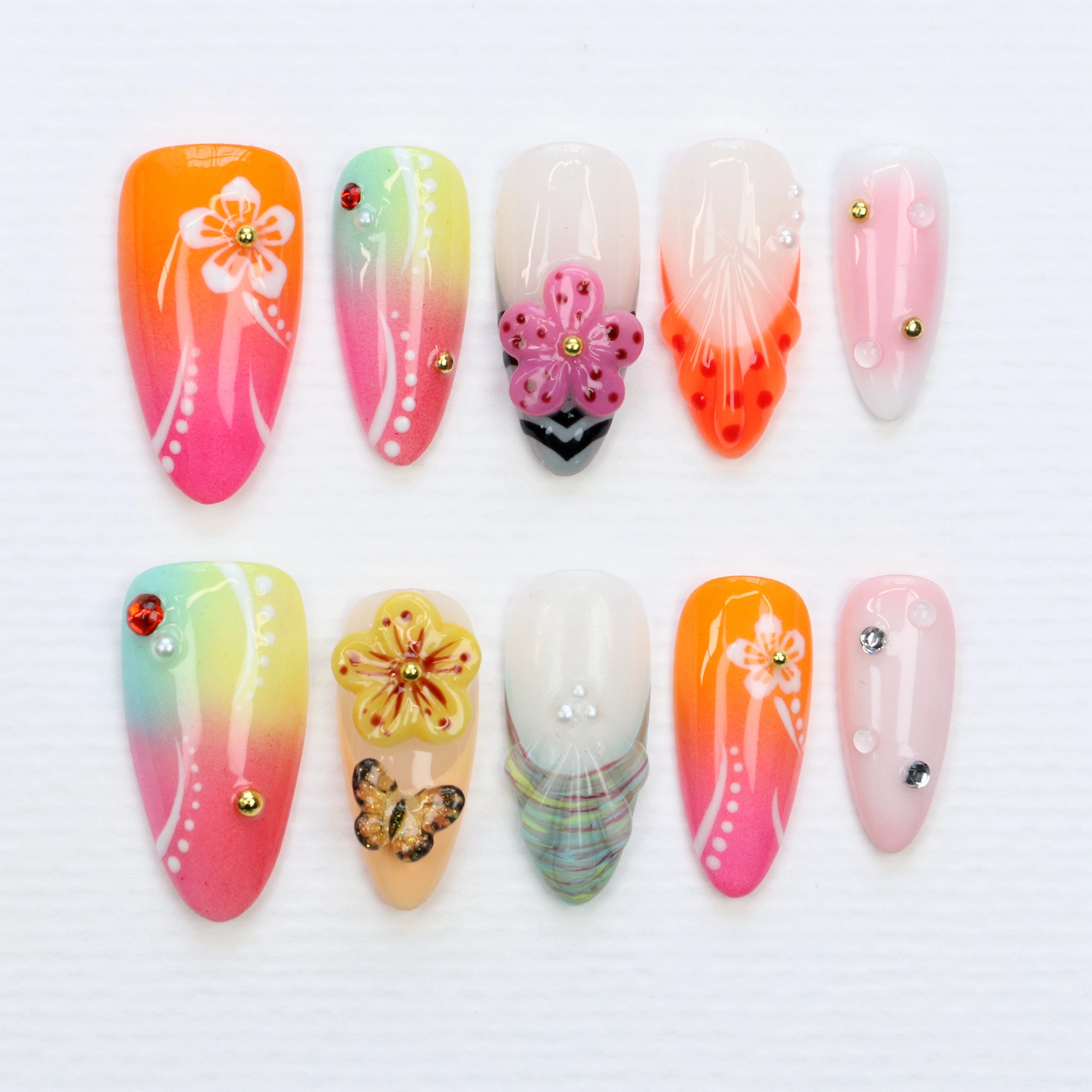 10 pièces Aloha Bloom Beach Vibe 3D fleur colorée amande presse sur les ongles, pointe française personnalisée, printemps été, cadeau de vacances