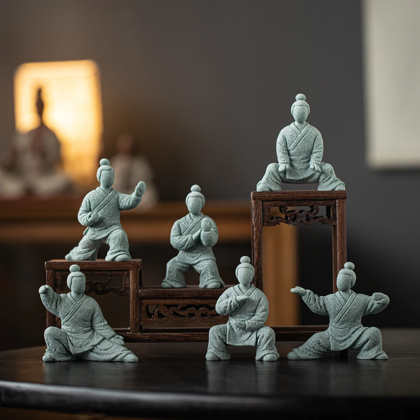 

Creative Tai Chi Figurine Tea Pet, Zen Desktop Decor for Bookshelf Display, Miniature Landscape Ornament with Six Poses