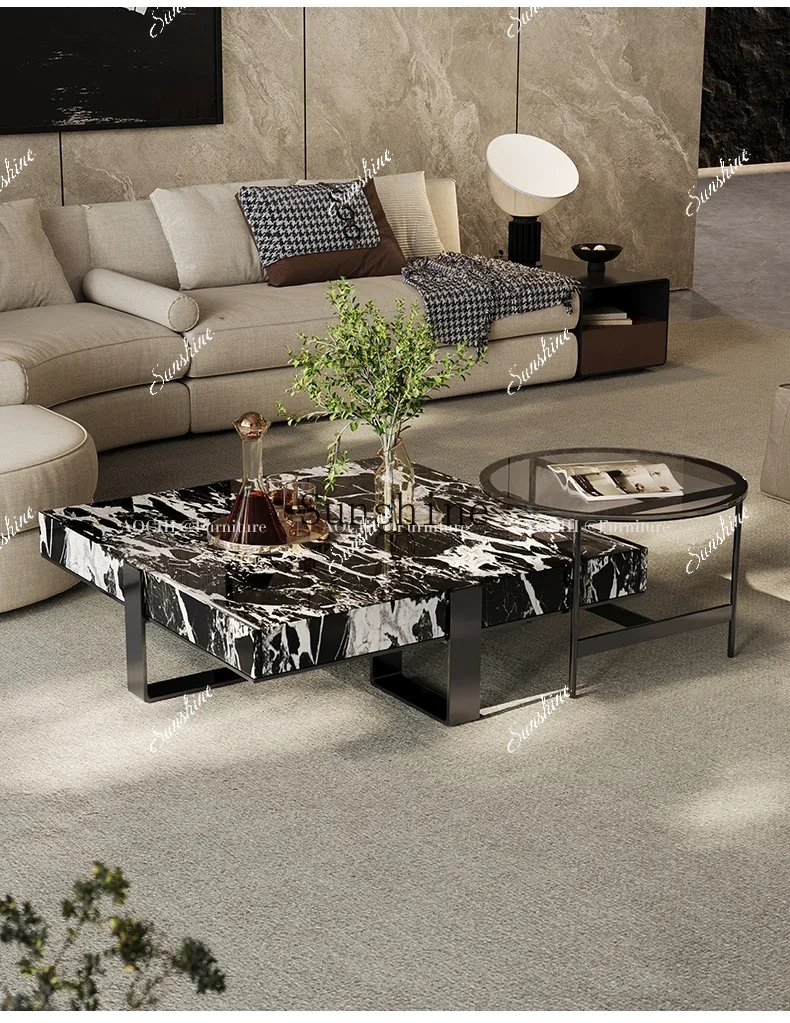 

Premium Italian living room simple light luxury stainless steel marble high and low coffee table combination FT