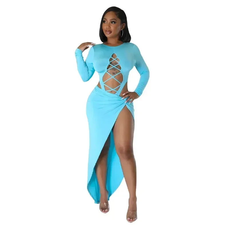 

GUWU Women Sexy High Side Split Midi Maxi Skirt Suit and Skinny Hollow Out Bodysuit Top Fall Two 2 Piece Dress Set Outfit