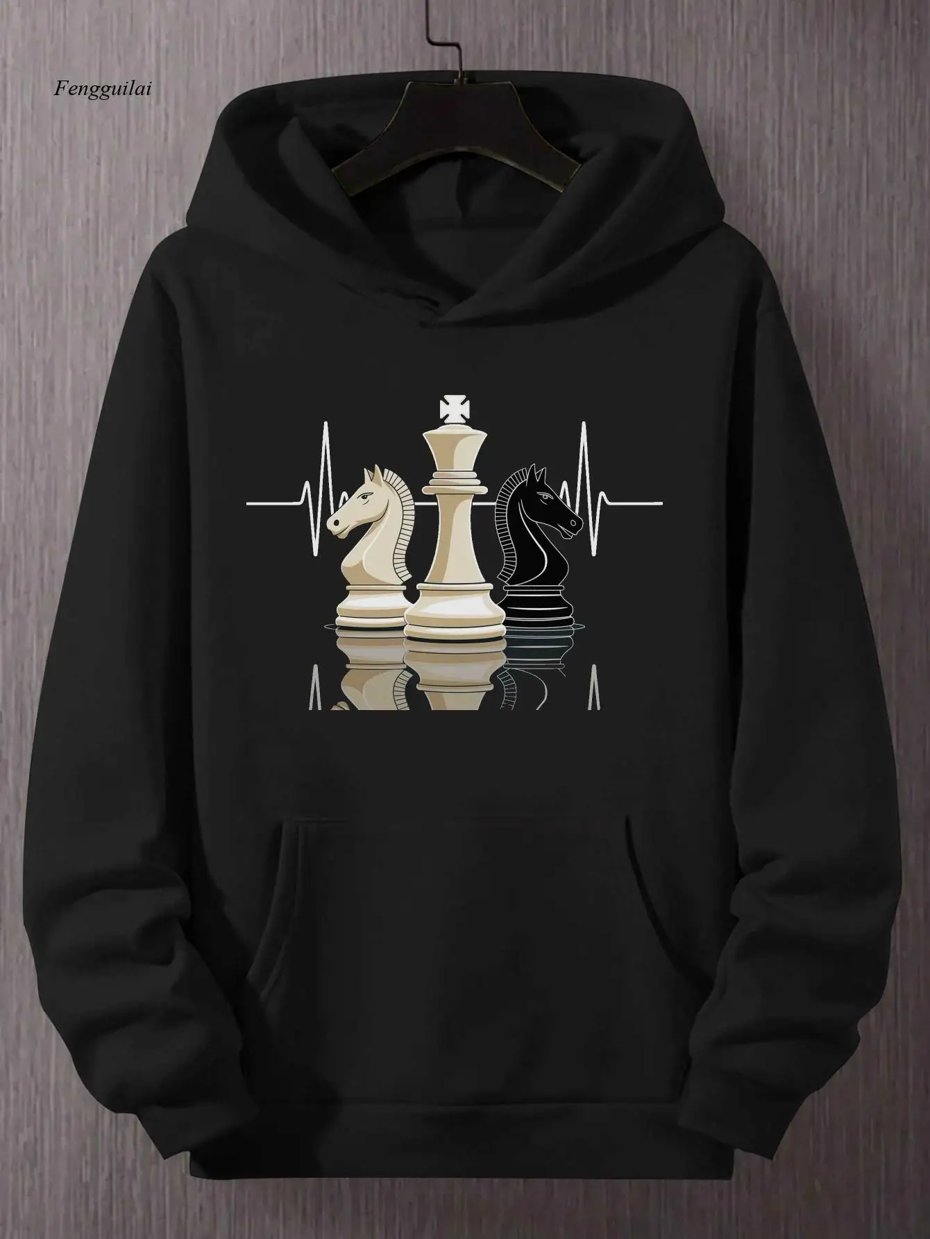 Chess King & Knights Heartbeat Hooded Sweatshirt - & Chess Graphic Pullover with Heartbeat Design, Loose Fit Casual