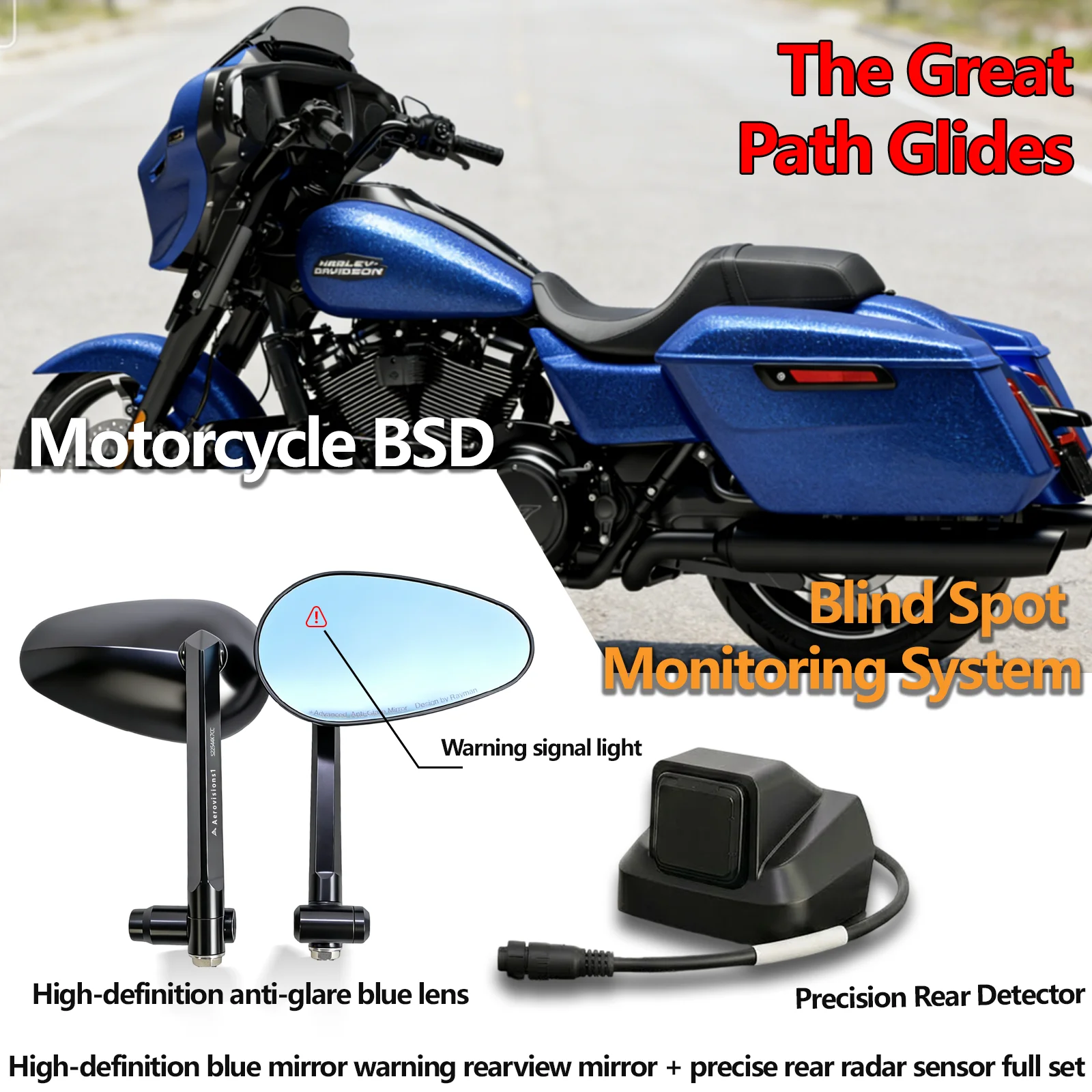 Radar Blind Spot Warning Rearview Mirror Anti-Glare Night Driving Safety Mirror Fit Harley 975 121CVO Motorcycle Accessories