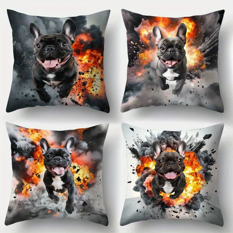 Funny Explosion French Bulldog Throw Pillow Covers Cool Black French Bulldog with Fiery Explosion Background Print Cushion Cases