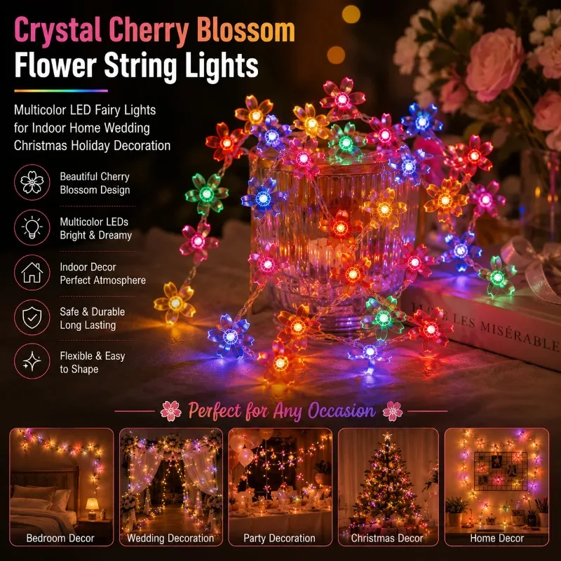 Cherry Blossom Flower Garland Lights Battery Operated Warm White LED Fairy String Lights for Indoor Holiday Wedding Decoration
