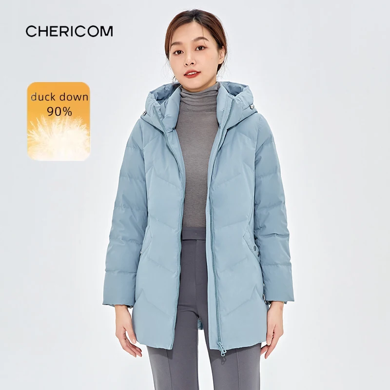 Chericom 女性のダウンジャケット 2025 新しいジッパー開閉フード付き暖かいダックダウンカジュアルルーズフィットパファー軽量コート Y289193Y