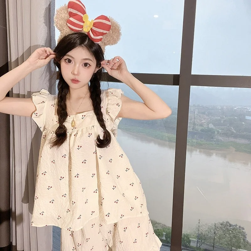 

Summer Cute Cherry Girl's Sleepwear Strap Cotton Linen Thin Home Clothes Set Short Pants Gauze Sweet Cute Style Home Scene