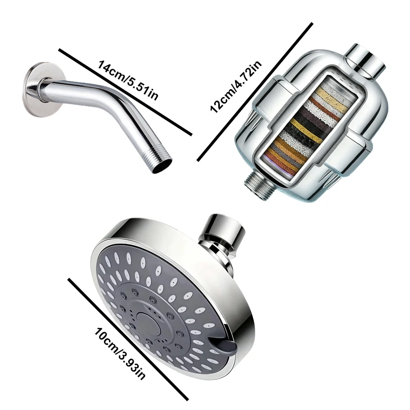 Three Piece Set with 5 Levels of Water Outlet Showerhead, 15 Level purified Water Quality Filter, Bathroom Shower Set