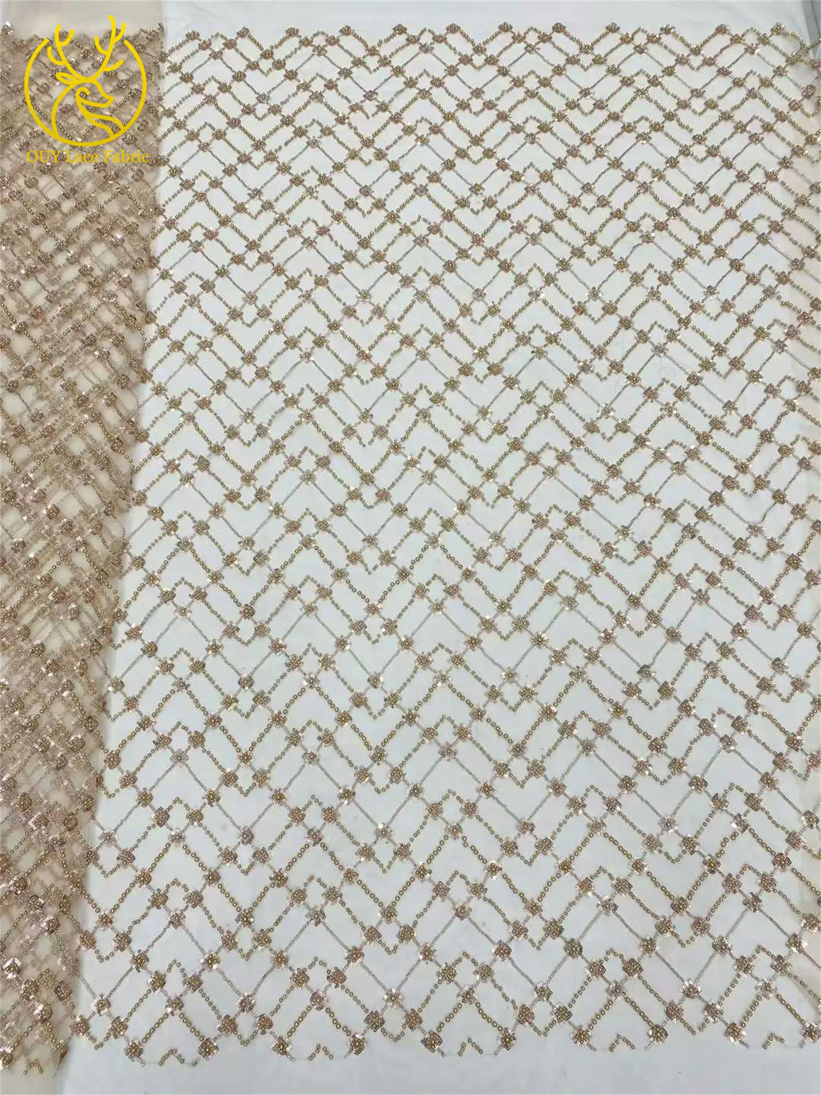 Champagner Luxus Afrikanischer Bräutigam Perlen-Spitzenstoff 2026 Hochwertige Spitze Brautkleid-Spitze Nigerianischer Pailletten-Spitzenstoff – Detail 5