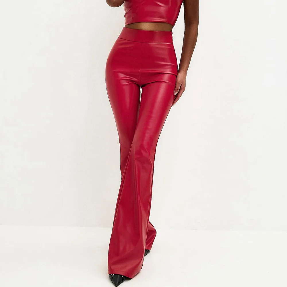 High Waist Women PU Leather Bell-bottoms Pants Autumn Winter Fashion Long Leather Pants Elegant Leather Trousers Streetwear 2025