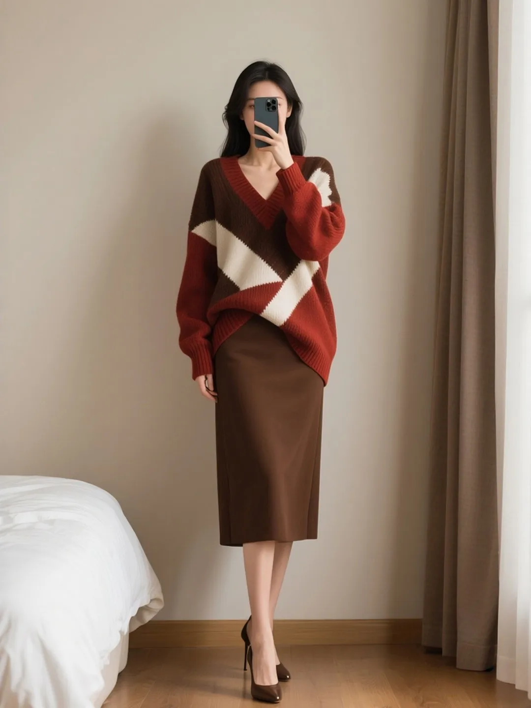 

Ele Vintage Women's Sweater Skirt Set Spring 2026 Loose OL Commute High Waist A-Line Skirt Long Sve V-Ne Two-Piece Suit