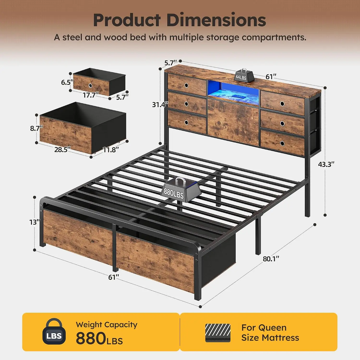 Queen Bed Frame 8 Drawers Charging Station, Storage Headboard LED, 880 lbs, Noise-Free, No Box Spring, Easy Assembly, Customized