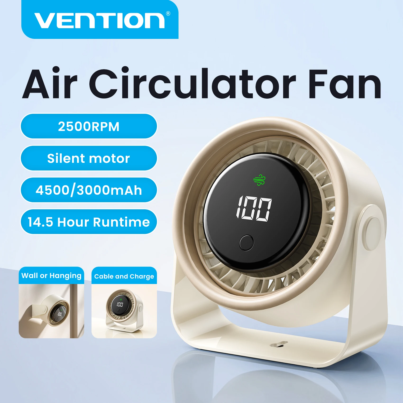 Vention Portable 4500mAh Desktop Air Circulation Fan Led Display 2500RPM Silent Adjustable Office Camping Outdoors Fan