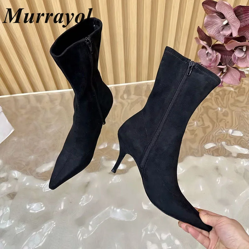 

Pointed Toe Cow Suede Side Zipper Stretch Boots Women Slimming Thin High Heels Short Boots Spring Autumn Fashion Ankle Botas