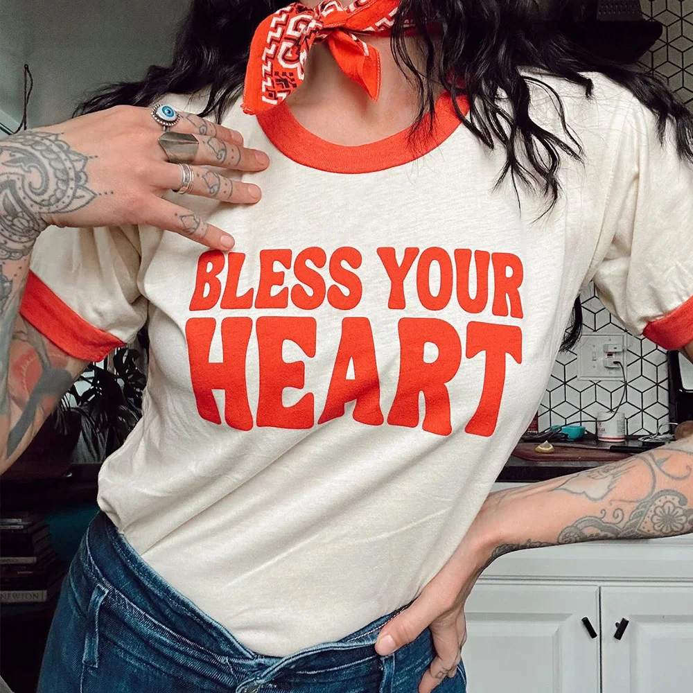 Bless Your Heart Letters Printing Women Ringer Tees Vintage Style Loose Cotton Casual Tops Tumblr Fashion Summer T Shirts