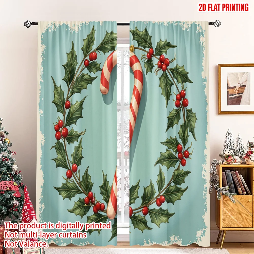 

2pcs 2D flat printing Christmas Drapes Candy Cane Holly Berries Christmas Polyester Without Electricity Family Party Perfect for