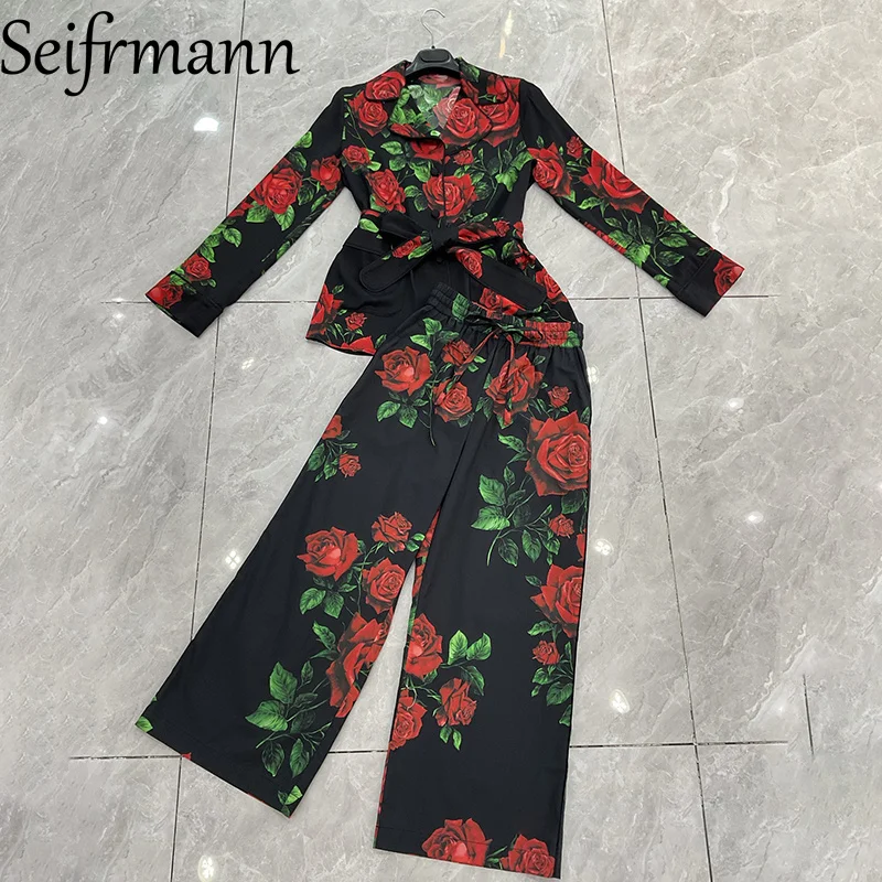 Seifrmann Casual printed two-piece lapel long-sleeved silk top elastic waist cotton trousers suit 2026 autumn women's new style