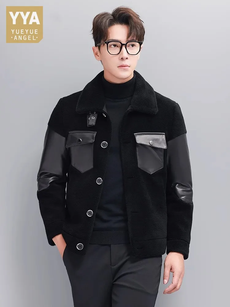 Mens Winter Real Sheep Fur Jacket Lapel Collar Single Breasted Business Work Warm Padded Coat Spliced Real Sheepskin Jacket 5XL