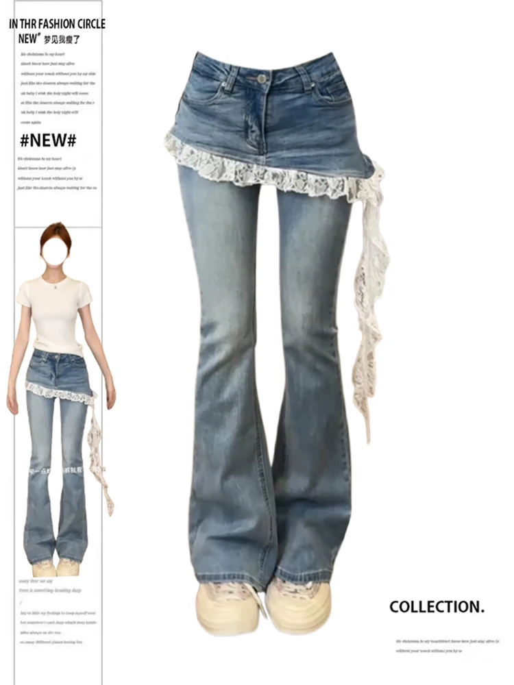 

Women Korean Slim Design Lace Patchwork Harajuku Y2K Denim Flare Pants 2000s Kpop Bell-Bottom Long Trousers Gyaru Abi Jean New