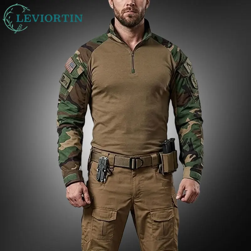 Men's Tactical Long Sleeve Half Zip T-Shirt Lightweight Camo Quick Dry Outdoor Hiking Climbing Training Top Tee Male Frog Style
