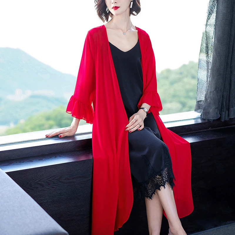Women Vintage solid Chiffon Shirts Loose Shawl Kimono Cardigan Boho Tops Long Sunscreen Jacket Blouse Cardigan plus size