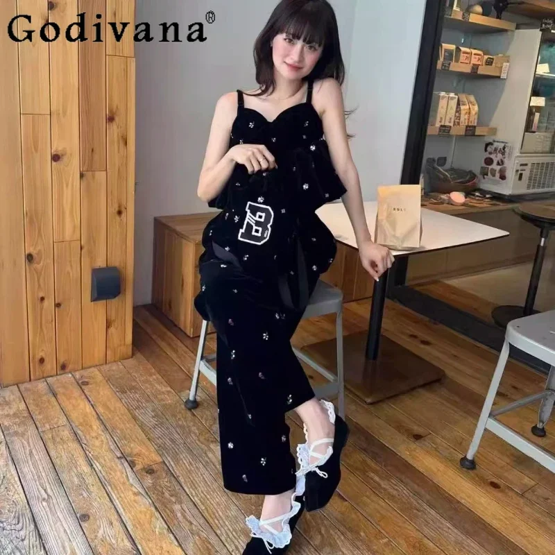 Japanese Style Fashion Sweet Elastic Waist Pants Pants  Autumn Winter New Girls Women's Slimming Wide Leg Pants Bud Camis Set