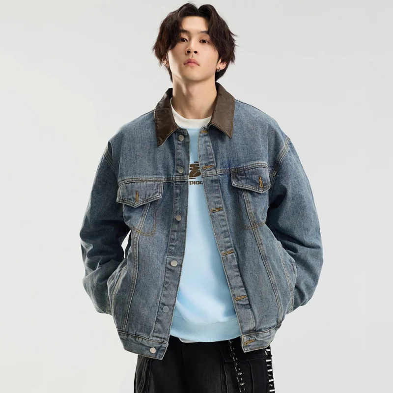 

GIOIOM's джинсовая куртка, весенне-осенняя новинка, свободная джинсовая куртка в стиле американского сарая с кожаным воротником, мужская одежда