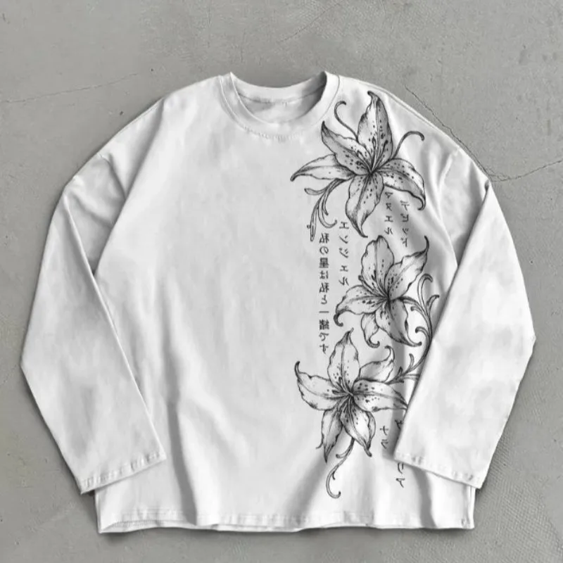 Y2K 100%Cotton Long Sleeve T Shirt Vintage Lily Floral Japanese Kanji Graphic Tee Botanical Dark Loose Crew Neck Streetwear Tops