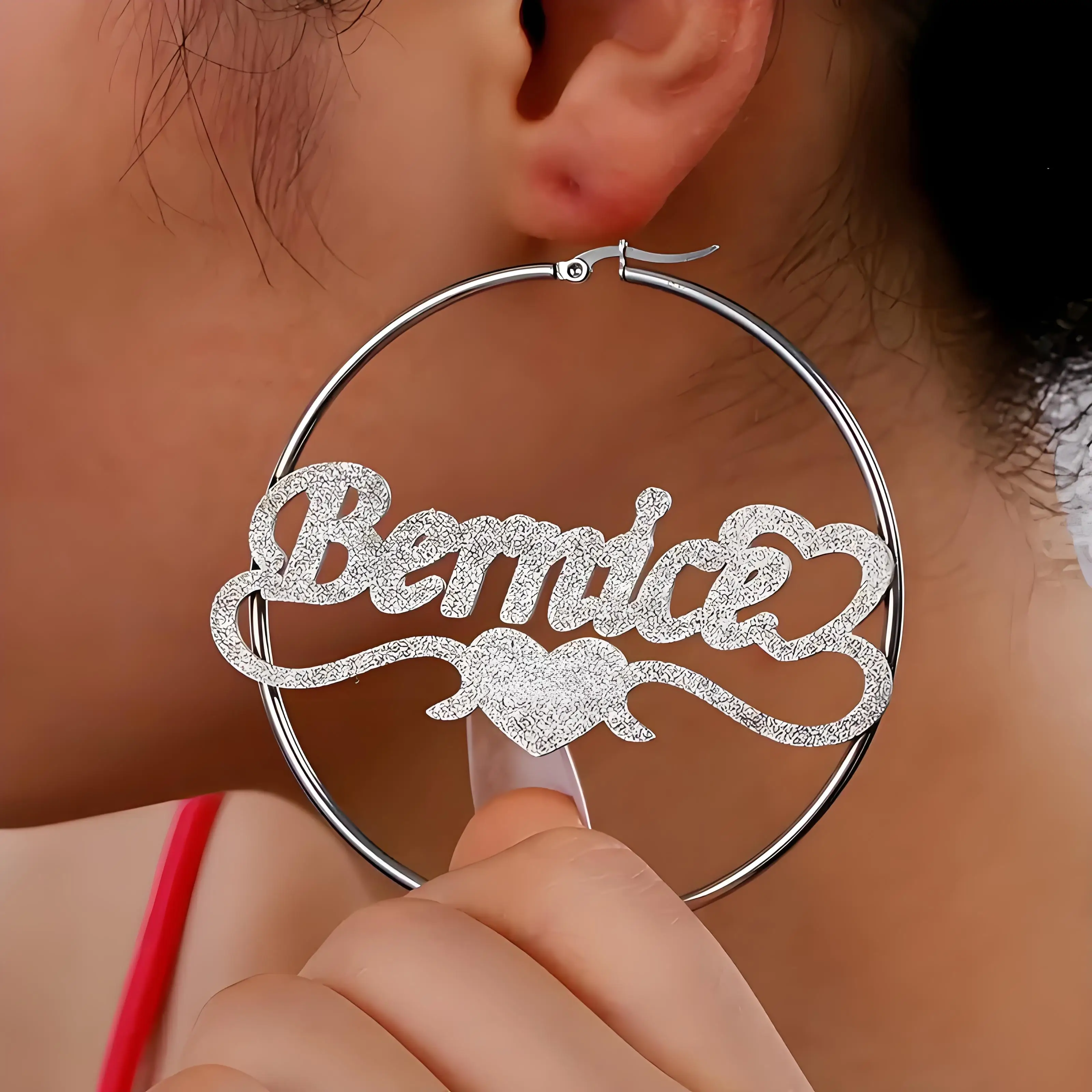 Personalized Sandblasted Name Hoop Earrings, Custom Stainless Steel Jewelry, Trendy Women's Accessory, Ideal Gift for Birthday