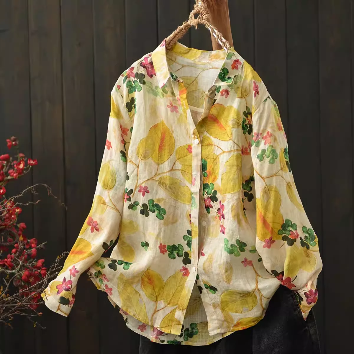

100% Ramie shirts women trends 2025 Japan style yellow leaves printed blouses long sleeve tops large tops linen shirts