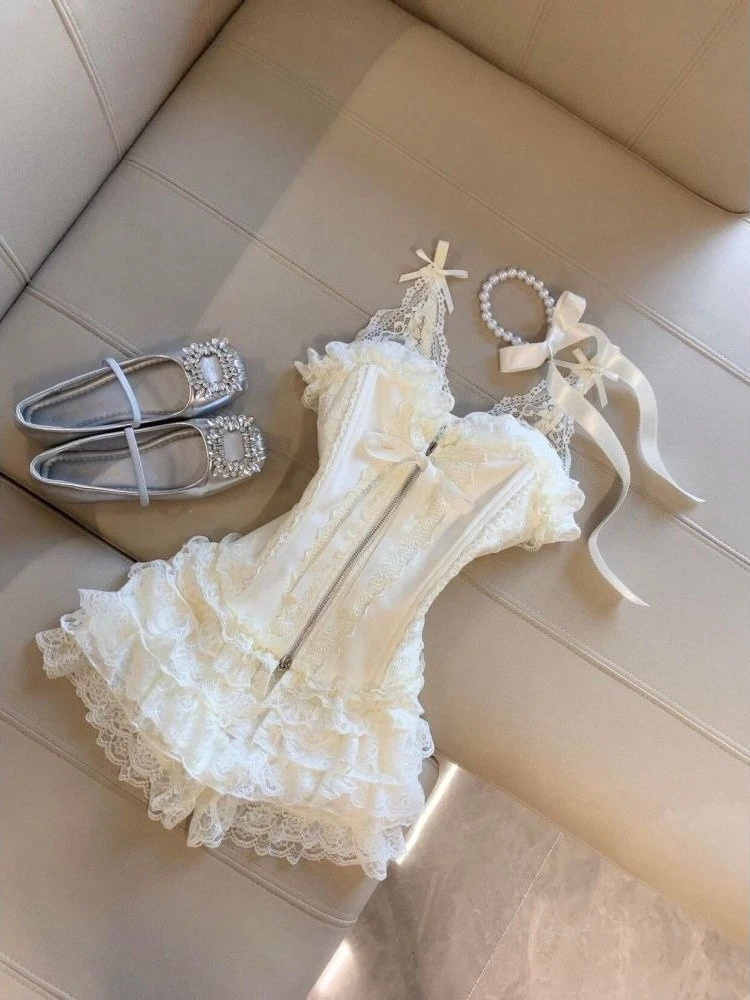 Fashion Sweet Sexy Slim Sling 2-piece Set Women Design Kawaii Y2k New Lace Off Shoulder Suit Female + High-waist Short Skirt