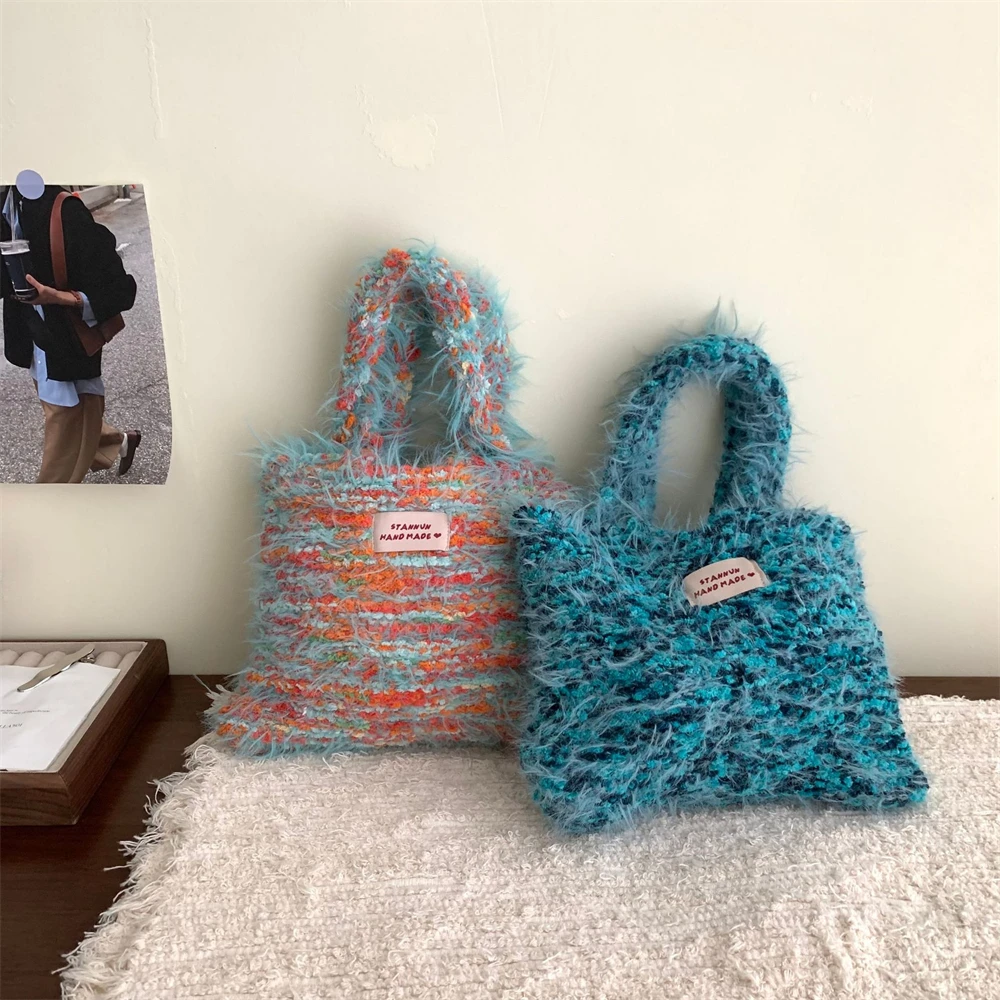 Winter Mixed Line Knitting Shopping Bags Women's Dopamine Clash Color Crochet Tote Bag Thick Woolen Thread Plush Weaving Handbag