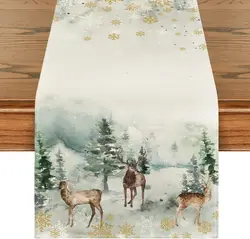 Watercolor Deer Trees Snowflakes Christmas Table Runner Winter Xmas Holiday Kitchen Dining Table Decoration Home Party Decor