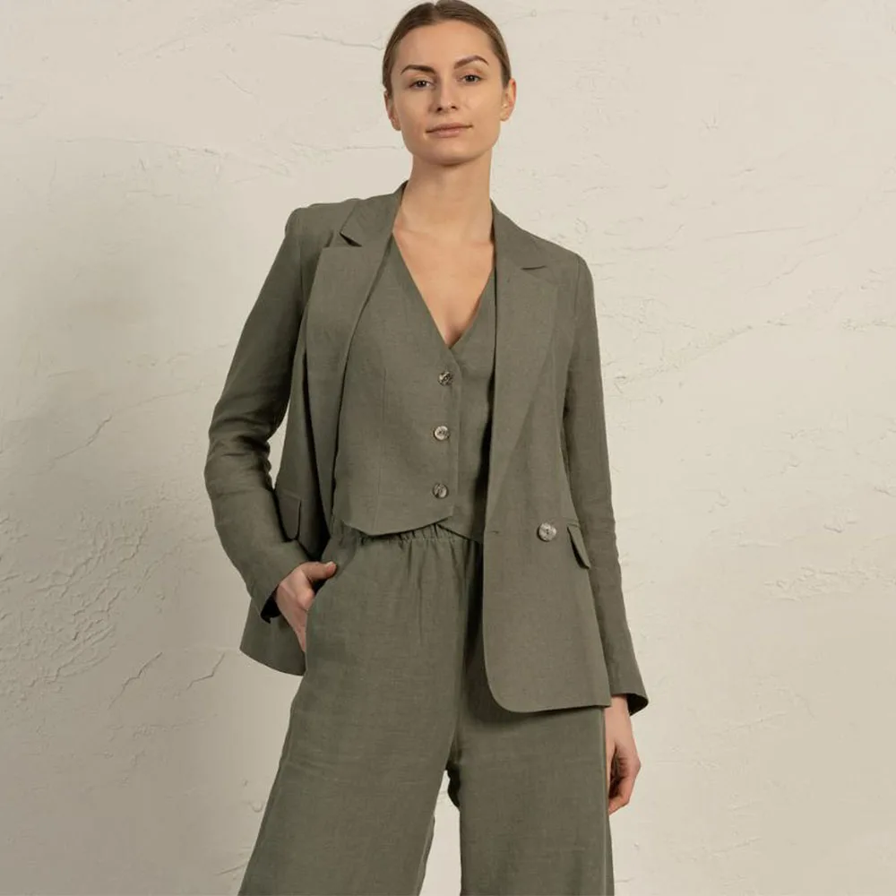 

Women's Suit Three Piece Linen Army Green Summer Thin Single Breasted Suit Casual Fashion Elegant Design Party Work Wear