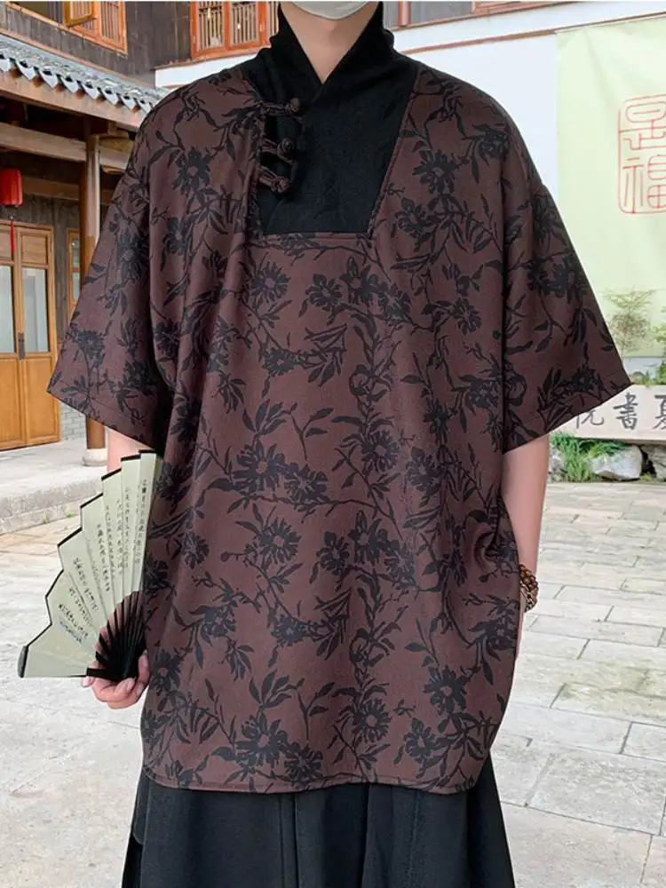 

Мужская футболка с V-образным вырезом из ледяного шелка, с коротким рукавом, на пуговицах, летняя, новая, в китайском стиле, молодежная, в стиле Тан, Ханьфу