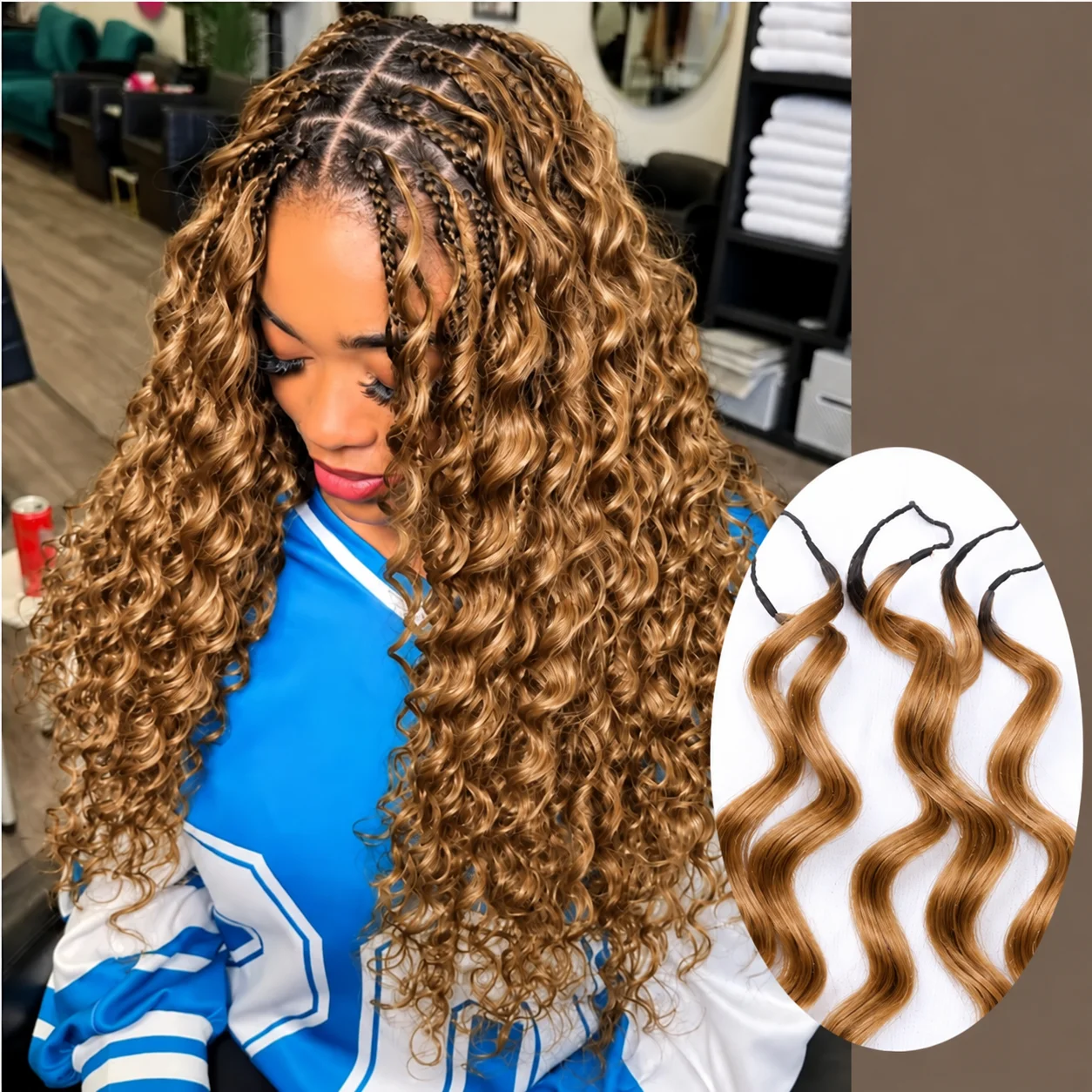 Deep Wave Feather Crochet Human Hair Extensions #27 Honey Blonde Knotless Miracle Knots Pre Separated Braiding Hair With String Soft Natural Curly Look Boho Braids Lightweight Reusable Hair For Women