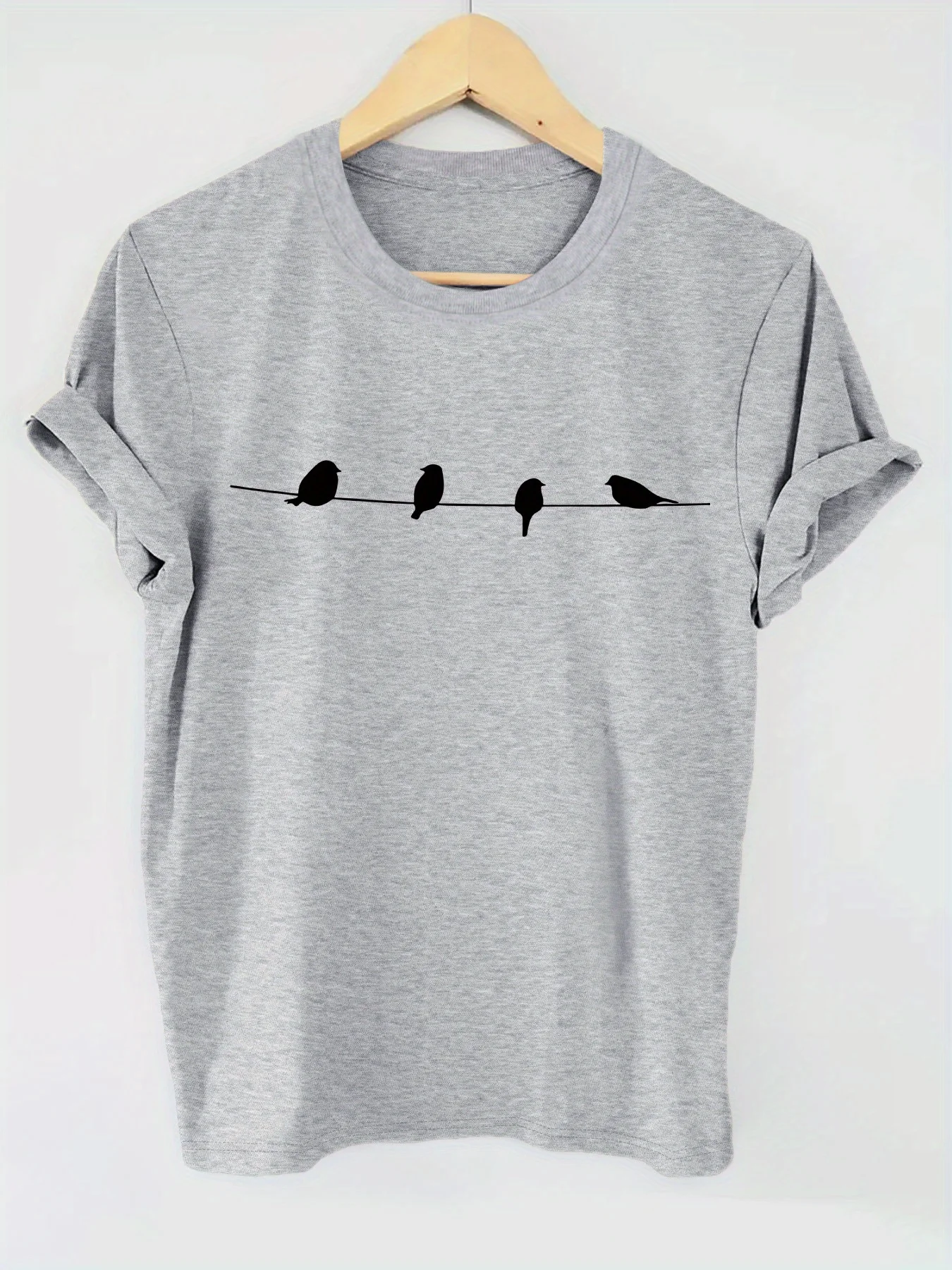 Women Clothing Bird Print Tee Short Sleeve Tee New Summer Lovely Short Sleeve Comfortable Casual Top Funny Ladies Round Neck Top