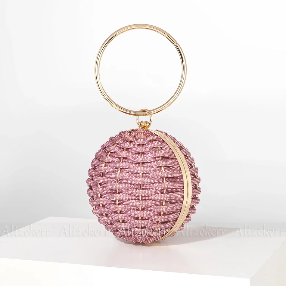 Alizekerr Rhinestone Round Evening Clutch Bags Women Boutique Circular Ball Shaped Woven Diamond Purses And Handbags Wedding