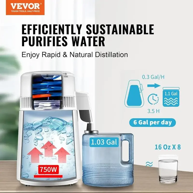 VEVOR 1.1 Gal Water Distiller, 0.3Gal/H, 750W Distilled Water Machine , w/Plastic Container, Water Distillation Kit