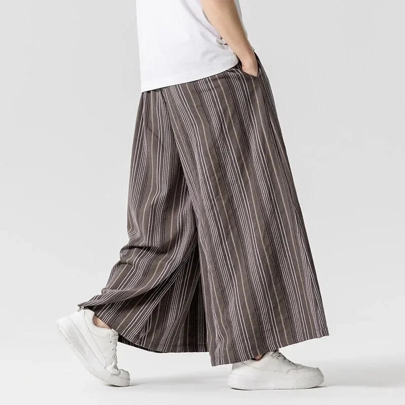 Summer Striped Wide Leg Pants Men Lightweight Drawstring Loose Casual Pants Man Hip Hop Streetwear Straight Full Length Trousers
