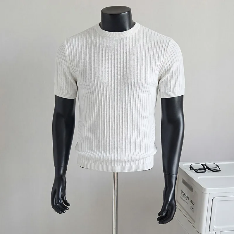 High Quality Round Neck Striped Knitted T-shirt Men Elastic Ice Silk Casual Business T-shirts Solid Color Versatile Base Shirt