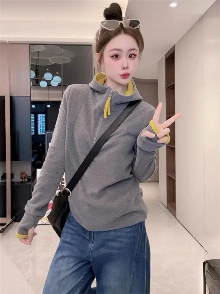 

Женская двусторонняя флисовая толстовка с капюшоном, утепленная базовая рубашка-футболка, осенне-зимняя модель с дизайнерским цветовым сочетанием