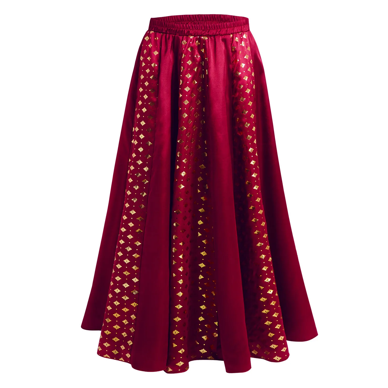 

Shiny Pleated Skirt Girls Indian Skirt Costume Metallic Floral Satin Skirt Halloween Party Masquerade Dance Performance Dress