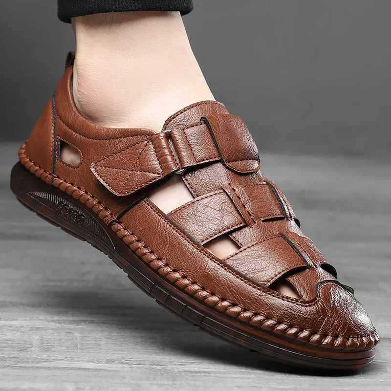 Summer New Comfortable Men Casual Wrap Toes Sandals Soft-Soled Shoes  Moccasins Hollow Out Loafers Simple Leather Outdoor Shoes