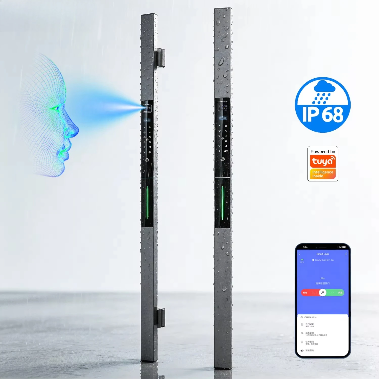 Smart Garden Gate - ロングハンドルTuya Wifi両面3D顔認証デジタル指紋ガーデンゲート屋外IP68防水スマートドアロック